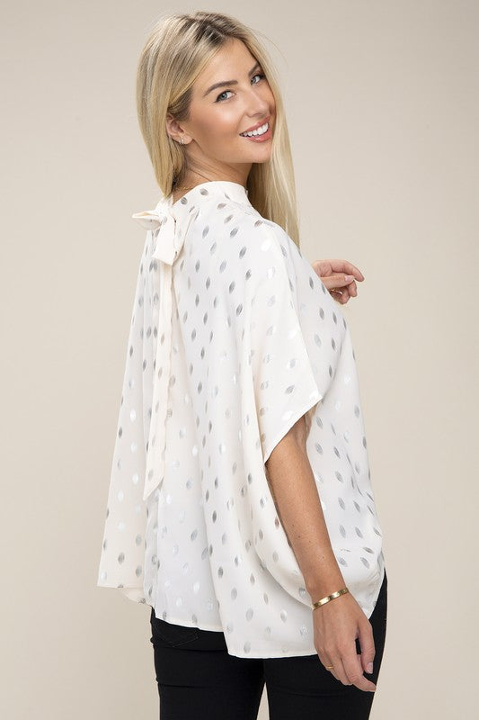 NUVI APPAREL White Batwing Sleeve Mock Neck Blouse