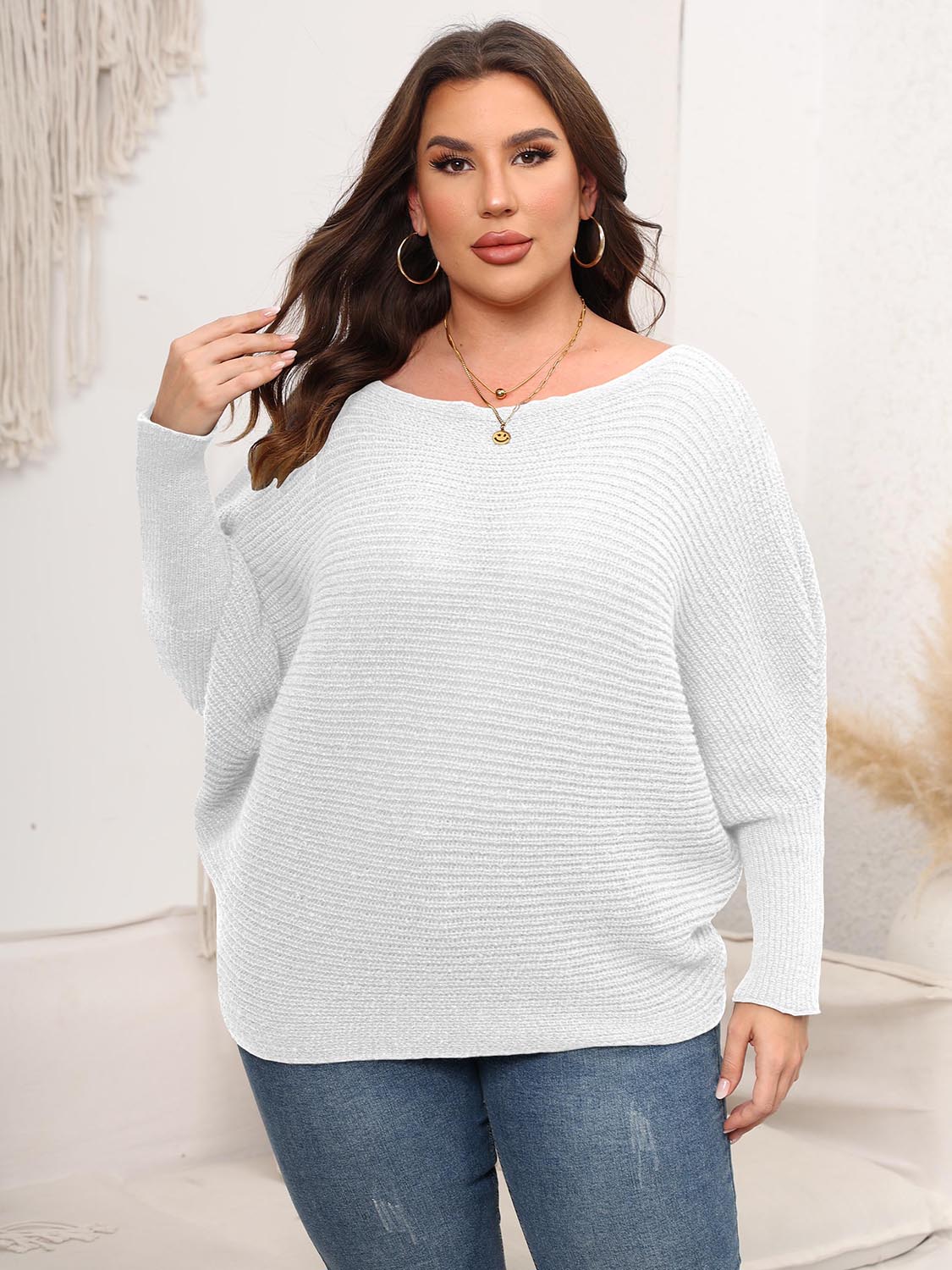 Full Size Boat Neck Batwing Sleeve Sweater-up to 3XL