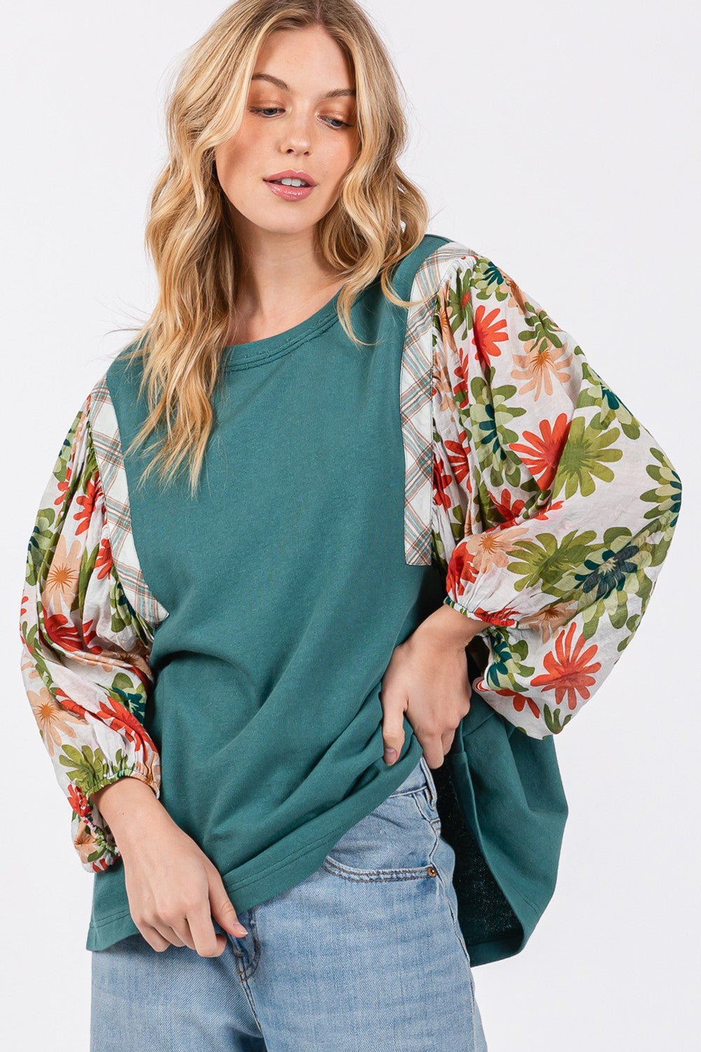 SAGE + FIG Women's Full Size Green Contrast Top with Printed Balloon Sleeves