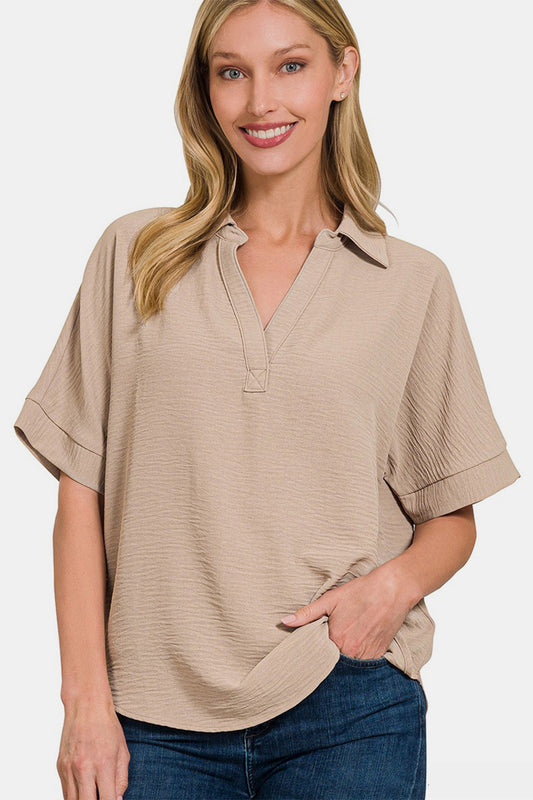 ZENANA Texture Mocha Collared Neck Short Sleeve Top