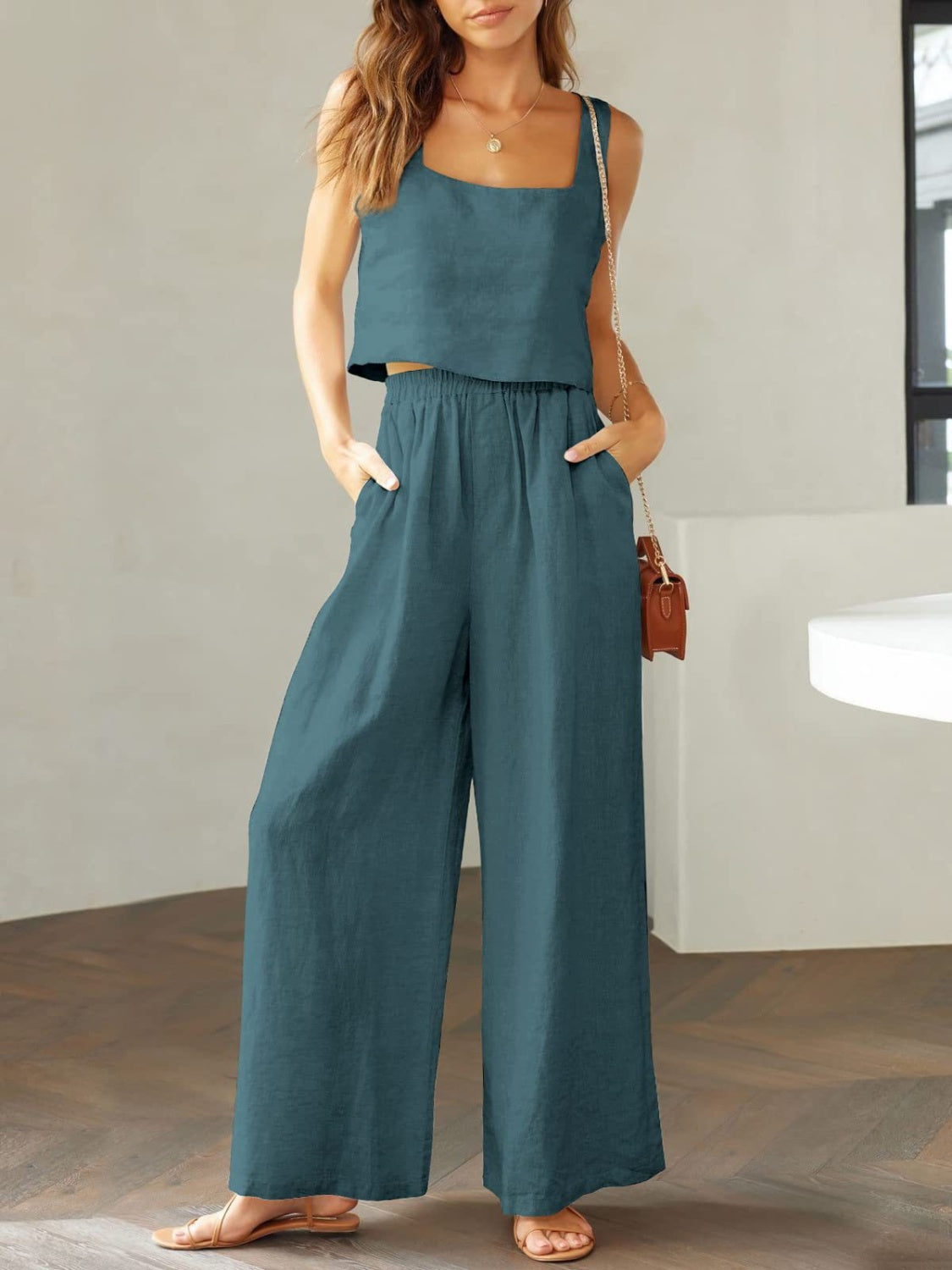 Stylish 2 Piece Square Neck Top and Wide Leg Pants Set