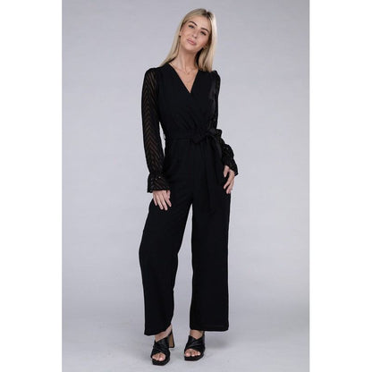 NUVI APPAREL Sheer sleeve and Wide leg Jumpsuit