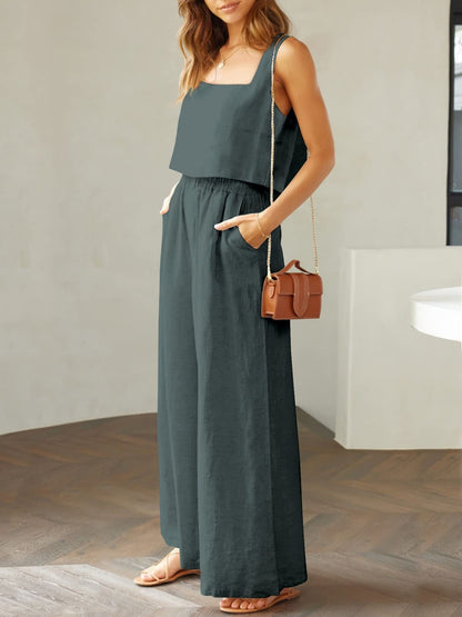 Stylish 2 Piece Square Neck Top and Wide Leg Pants Set