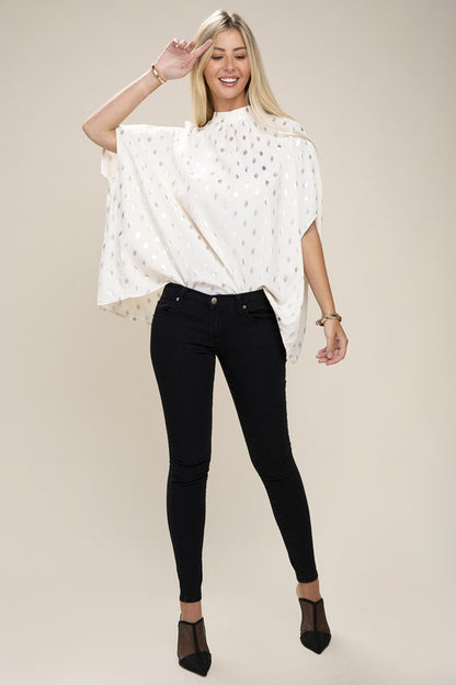 NUVI APPAREL White Batwing Sleeve Mock Neck Blouse