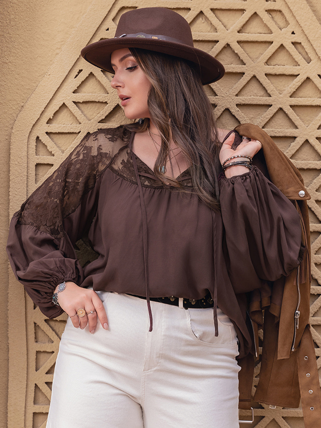 H.R.Z. Brown Plus Size Laced Tie Neck Long Sleeve Blouse