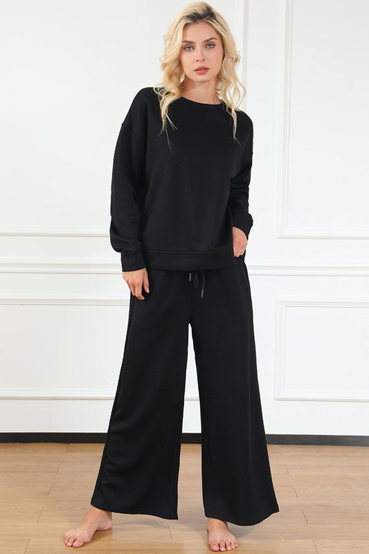 double take Full Size Textured Long Sleeve Top and Drawstring Pants Set