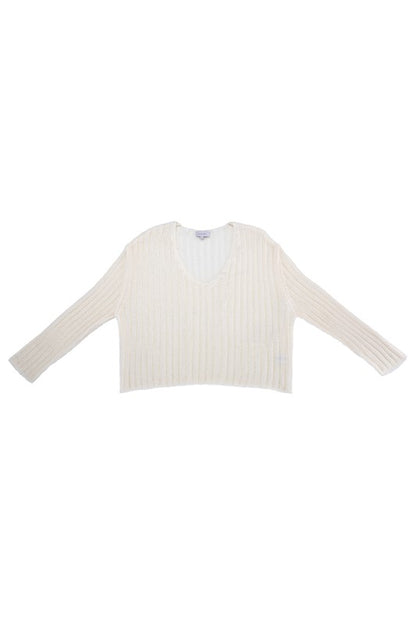 LILOU Ivory Variegated Rib V neck Sweater