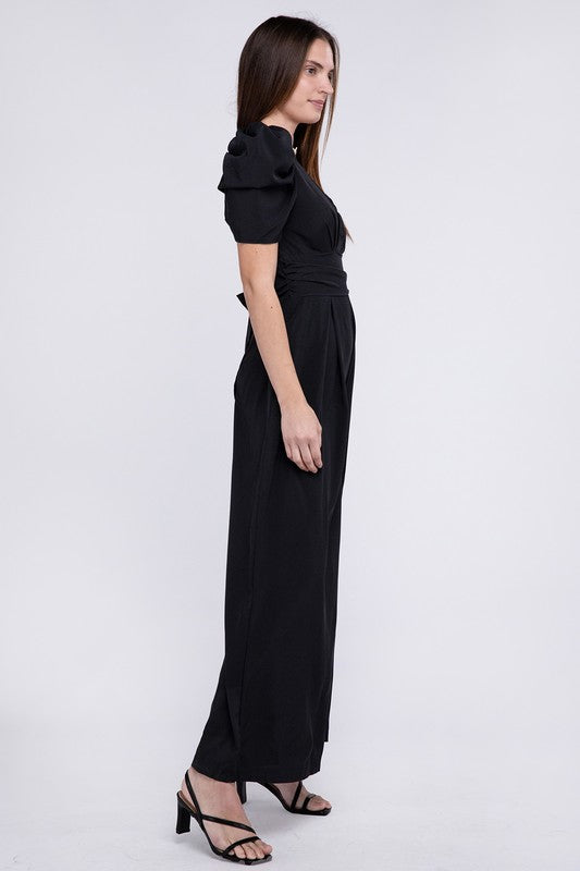 NUVI APPAREL Black V Neck Puff Sleeves Jumpsuit