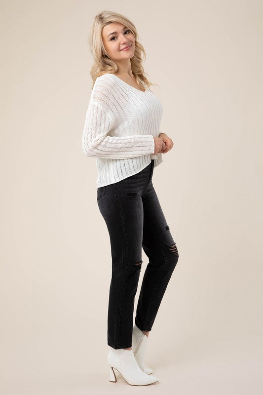 LILOU Ivory Variegated Rib V neck Sweater