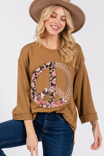 SAGE + FIG Women's Floral Peace Patch Round Neck Top in Caramel