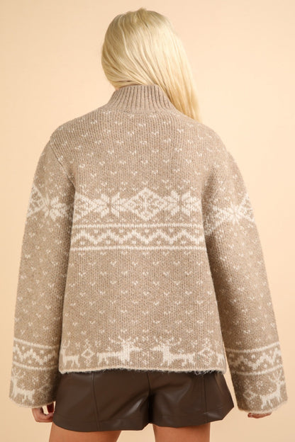 VERY J Mocha Christmas Element Mock Neck Long Sleeve Sweater