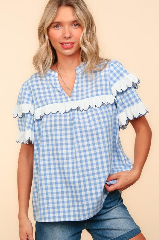 Haptics Women's Sky-Blue Full Size Plaid Scallop Hem Notched Short Sleeve Blouse