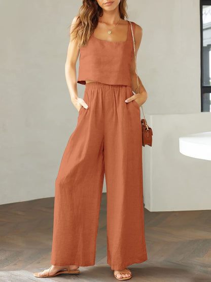 Stylish 2 Piece Square Neck Top and Wide Leg Pants Set