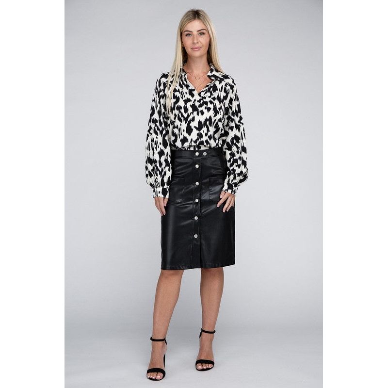 NUVI APPAREL Button Front PU Knee-length Skirt