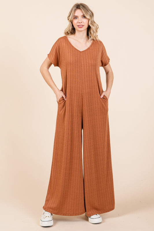 BOMBOM Women's Casual Camel Ribbed Short Sleeve Wide Leg Jumpsuit