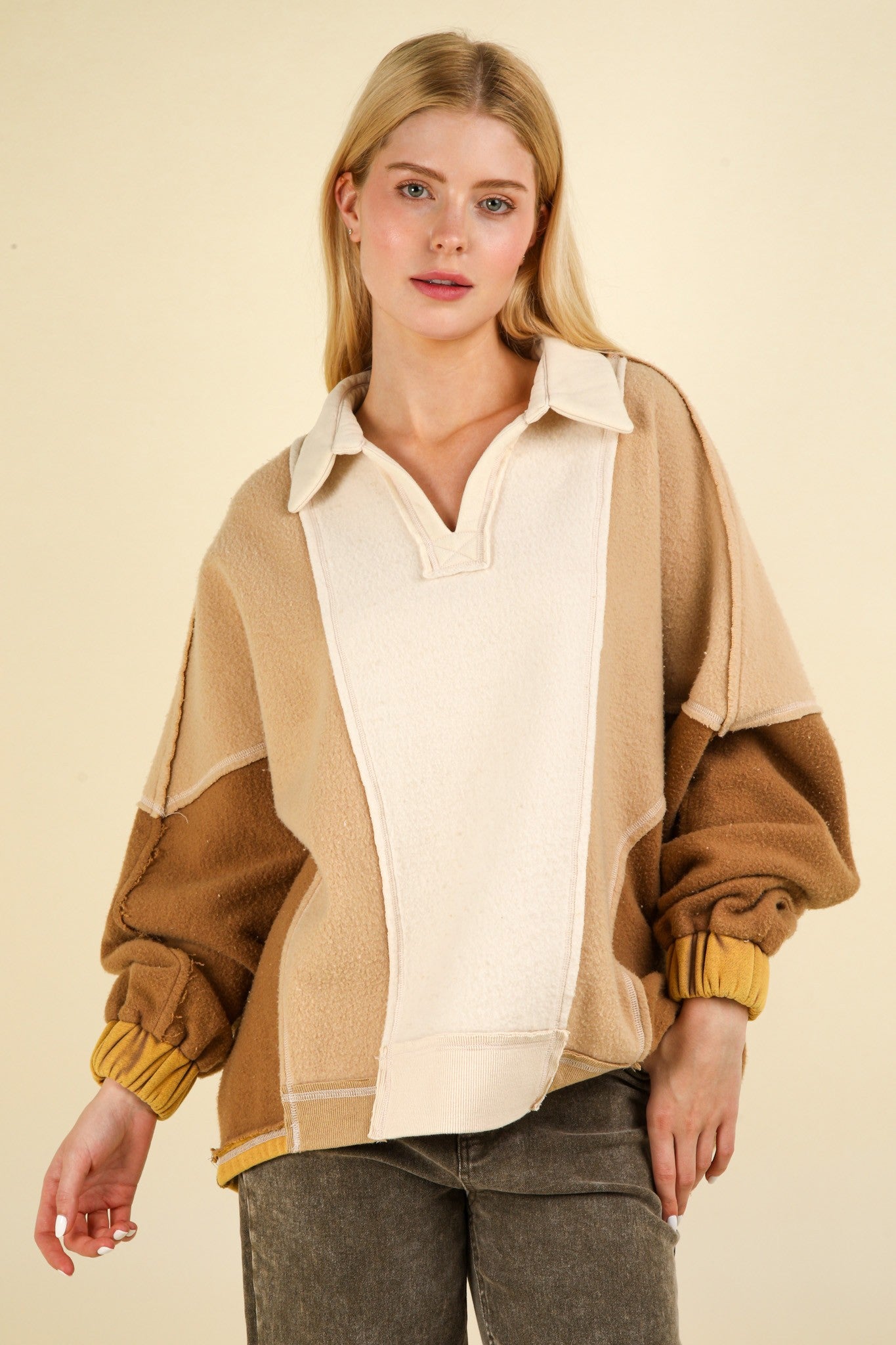 VERY J Color Block Johnny Collar Frenchy Terry Sweatshirt in Taupe