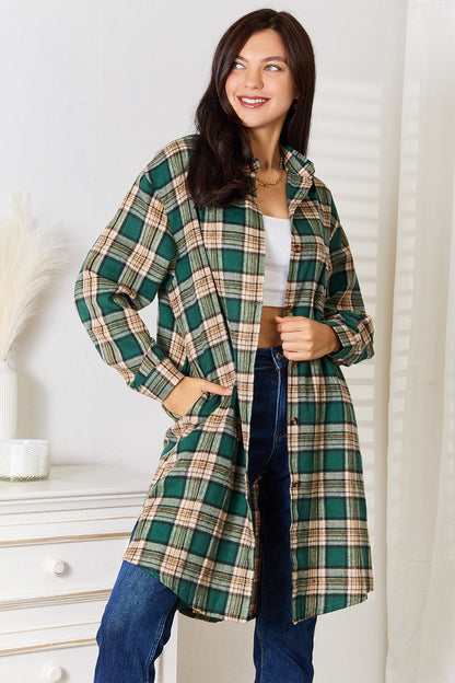 MANDY Long Buttoned Up Plaid Shirt with Side Pockets - Up to 2XL