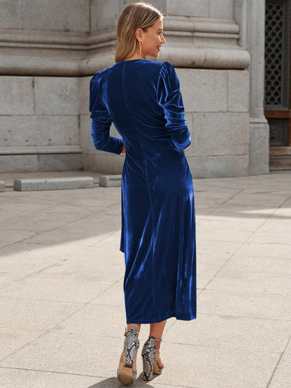 MDML Surplice Puff Sleeve Midi Velvet Dress