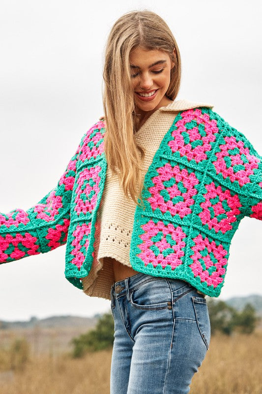 DAVI & DANI Two-Tone Floral Square Crochet Open Knit Cardigan