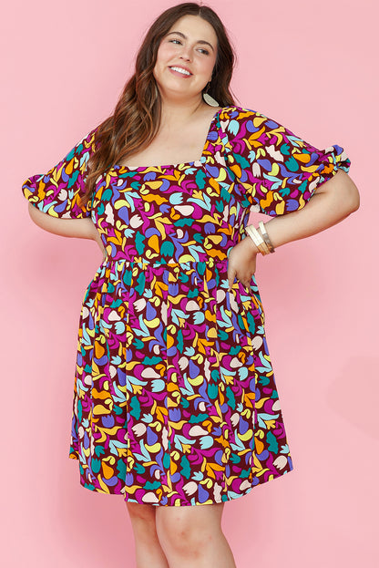 Purple Plus Size Printed Puff Sleeve Short Flare Dress