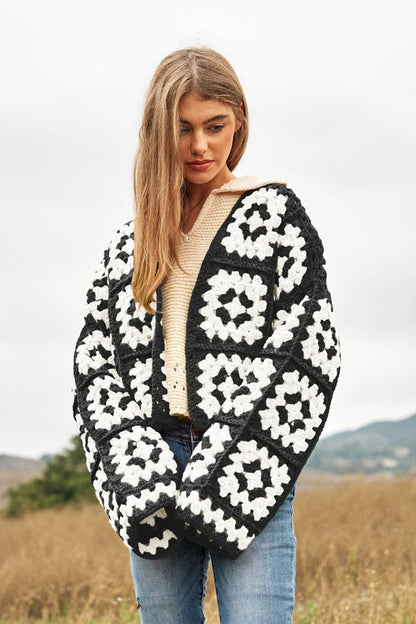 DAVI & DANI Two-Tone Floral Square Crochet Open Knit Cardigan