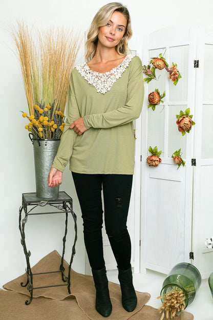 E LUNA Long Sleeves Top with Floral Lace Detail