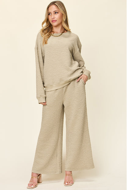 DOUBLE TAKE Full Size Texture Long Sleeve Top and Pants Lounge Set