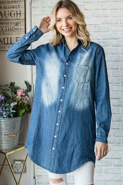 VEVERET Pocketed Button Up Washed Denim Cardigan