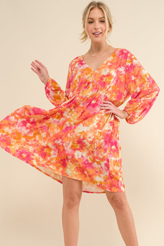 AND THE WHY Casual Full Size Orange Multi Floral Print V-neck Dress with Long Balloon Sleeves