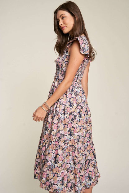 DAVI & DANI Vintage Garden Floral Flutter Smocking Midi Dress