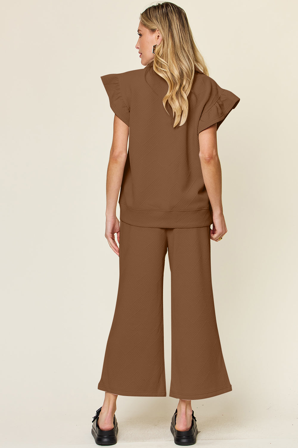 DOUBLE TAKE Texture Ruffle Short Sleeve Top and Drawstring Wide Leg Pants Set