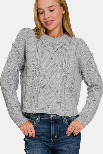 ZENANA Grey Cropped High Low Cable Sweater with Side Slits