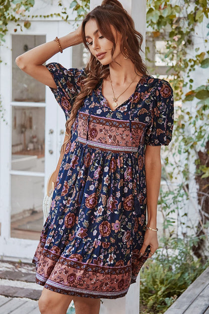 Casual Boho Floral Tie Neck Short Sleeve Mini Dress