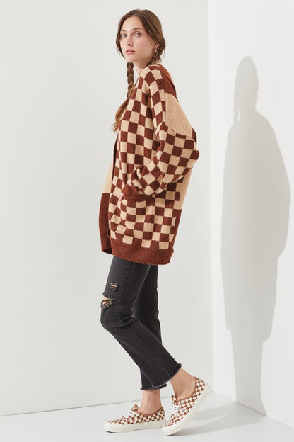 JADE by JANE Mocha/Beige Checkered Oversized Autumn Sweater cardigan