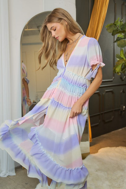 DAVI & DANI Lilac Ombre V-Neckline short Puff Sleeve High-low Maxi Dress