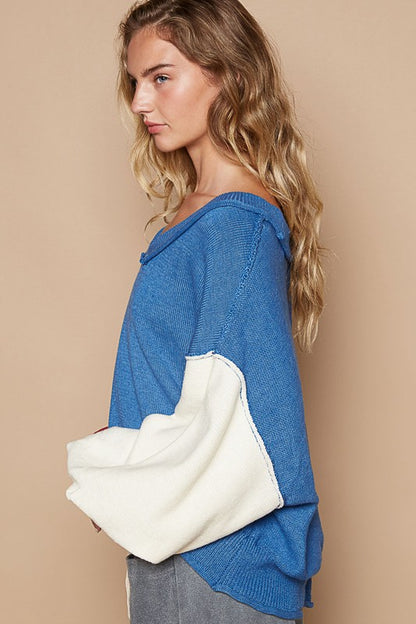 POL Women's Royal Blue Sweater with Exposed Seam Contrast V-Neck Lantern Sleeve