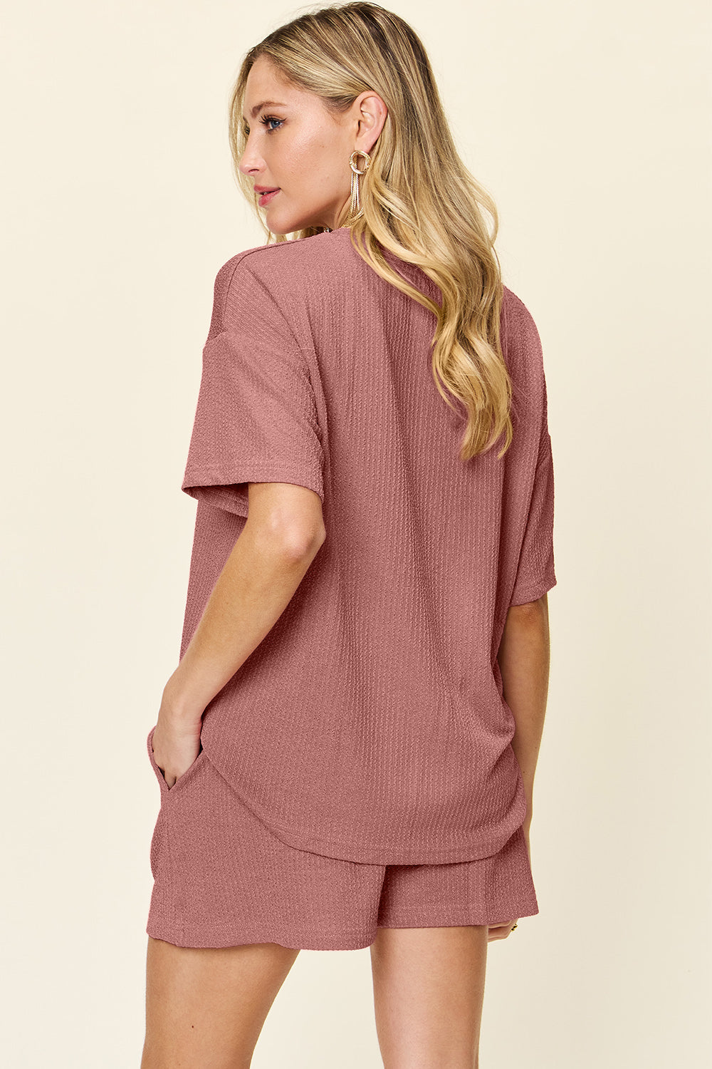 DOUBLE TAKE Full Size Light Mauve Round Neck Short Sleeve T-Shirt and Shorts Set