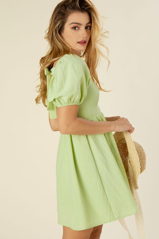 LILOU Light Green Tie Back Dress with Puff Sleeves