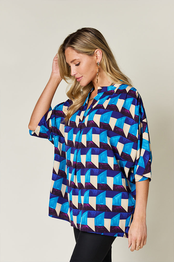 DOUBLE TAKE Full Size Geometric Notched Half Sleeve Blouse