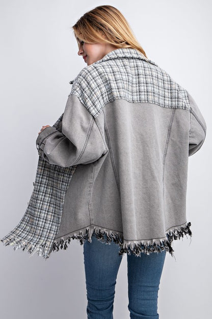 SWEET GENERIS Tweed Denim Shacket with Fringed Hem