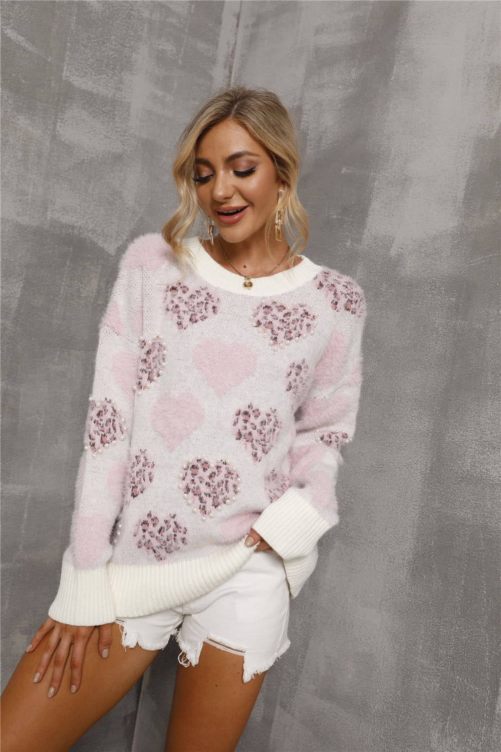 ANGEL WIGS Blush Pink Heart Pattern Round Neck Long Sleeve Sweater