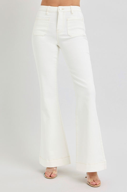 RISEN Cream Full Size High Rise Front Patch Pocket Flare Bell-ankle Jeans