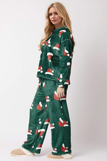 2 Piece Dark Green Lounge Set with Christmas Hat Pattern