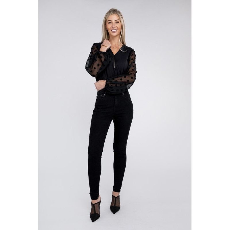 NUVI APPAREL V Neck Wrap Sheer Sleeves Bodysuit