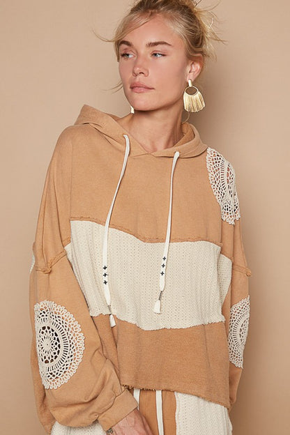 POL Women's Wheat Openwork Contrast Dropped Shoulder Boho-style Hoodie