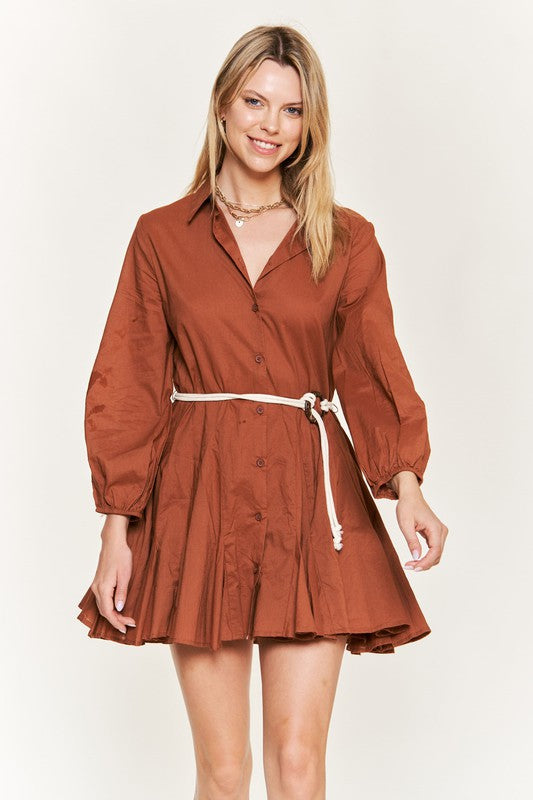 JADE by JANE Mini Flare Long Sleeve Shirt Dress with a Belt