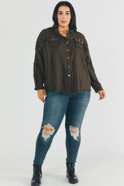 DAVI & DANI PLUS Distressed hem button down oversize shirt