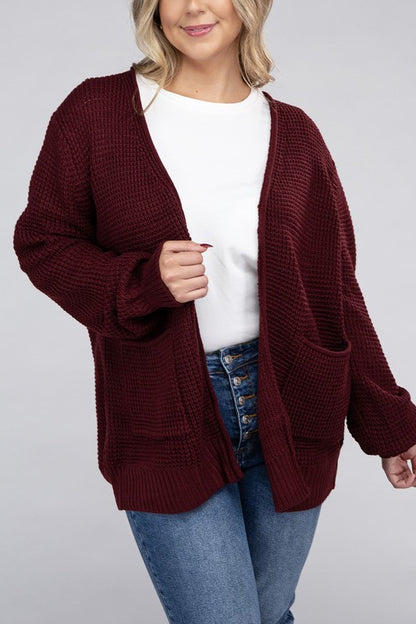 ZENANA Plus Low Gauge Waffle Open Cardigan Sweater