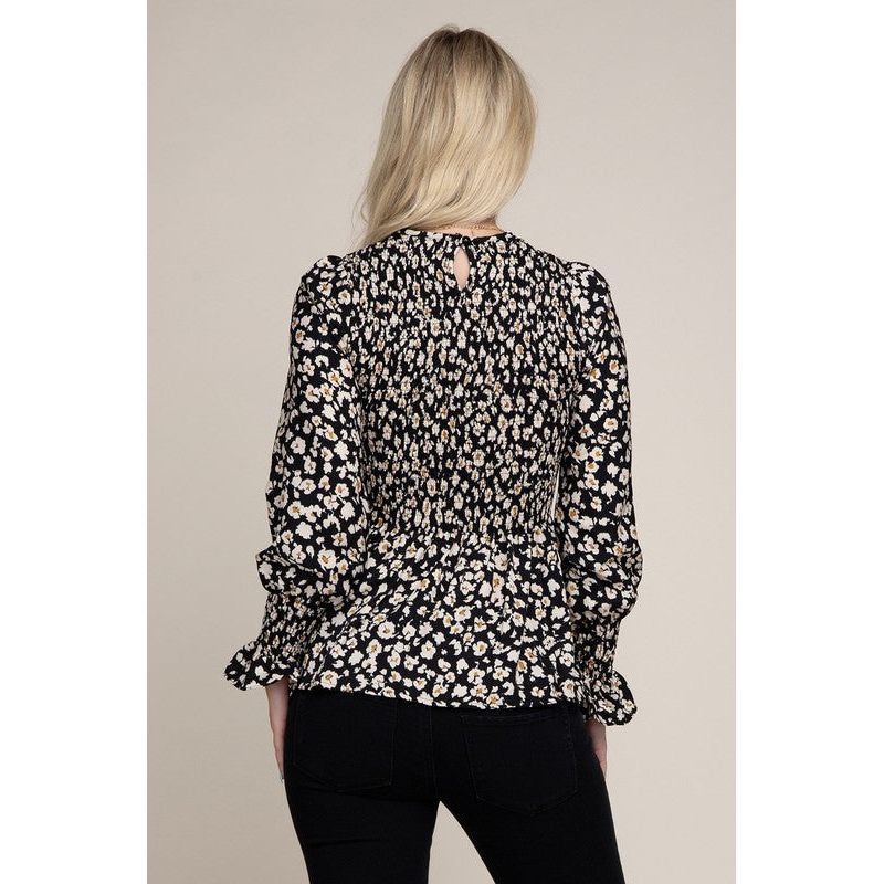 NUVI APPAREL Allover Floral Shirred Peplum Blouse