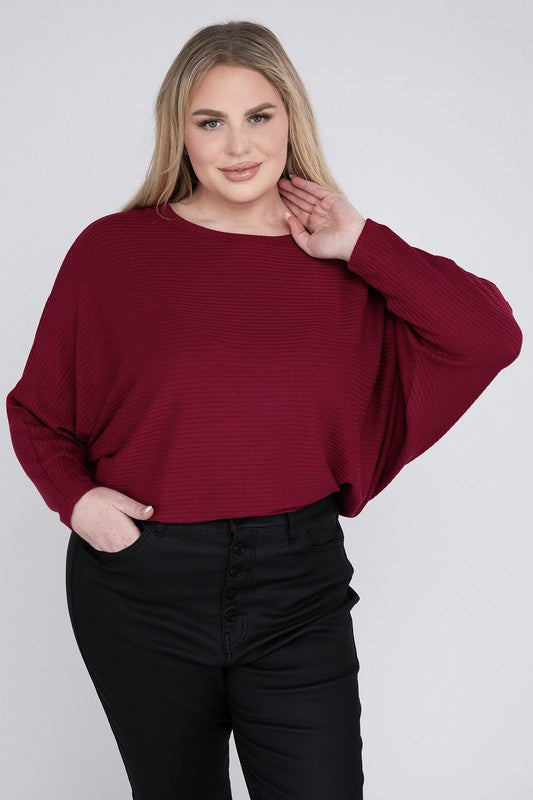 ZENANA Plus Ribbed Batwing Long Sleeve Boat Neck Sweater